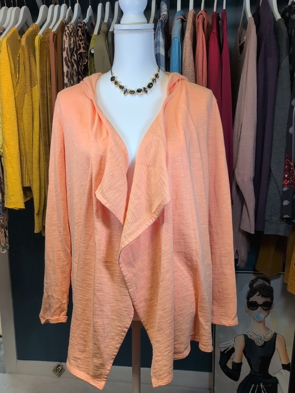 Peach Hooded Open-Front Draped Cardigan Sweater
